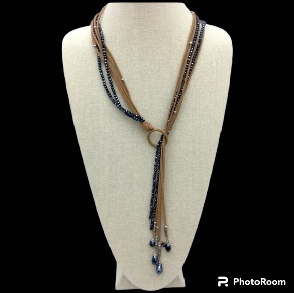 Chicos brown suede cord blue hematite multi strand lariat style boho necklace - Picture 1 of 4